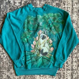 Vintage 80s/90s Teal Sweatshirt with Cat and Floral Design